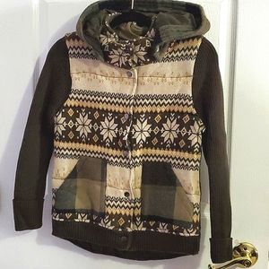 Sweater Project Retro Brown & Tan Grandpa Plaid Chunky Hooded Buttoned Jacket S